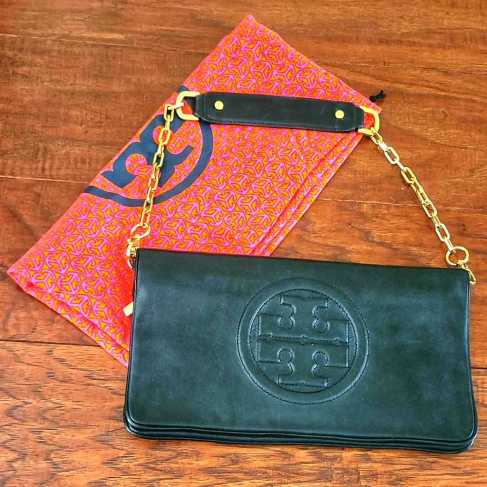 TORY BURCH BLACK AND GOLD FLAP BAG